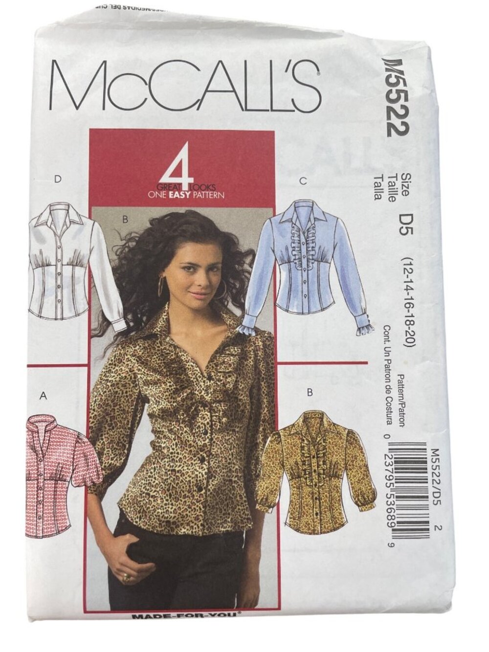 McCalls M5522 Misses Shirts Sewing Pattern Size 12-14-16-18-20 4 Variations CUT